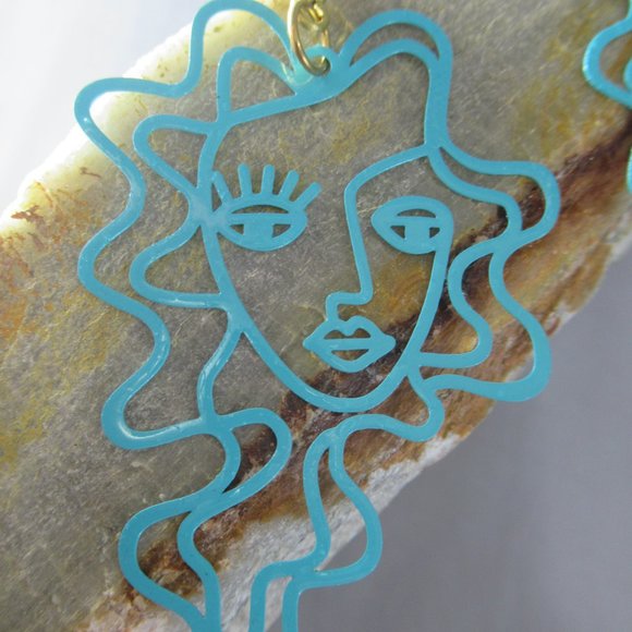 Blue Crowning Glory Dreamer Earrings, Abstract Woman Face, Merida - Picture 3 of 6